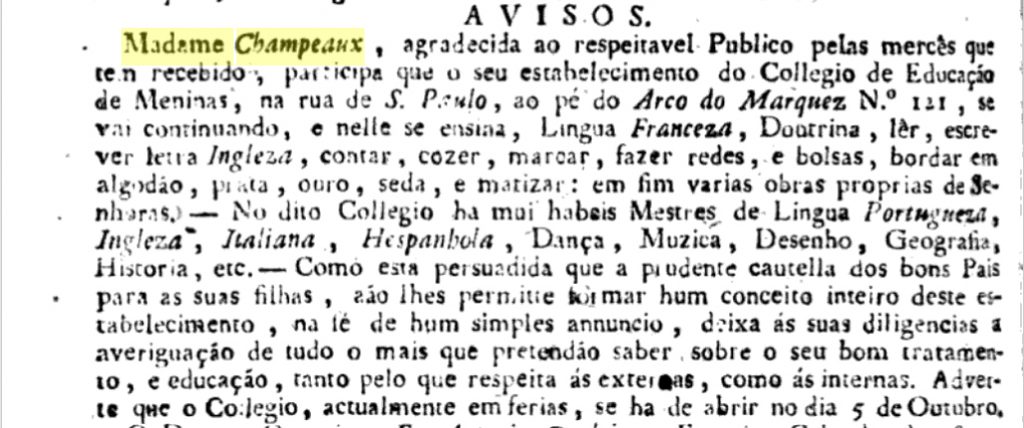 Publicidade do Colégio Madame Champeauxna Gazeta de Lisboa